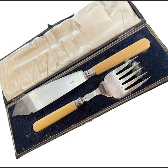 Antique Serving fork & knife Ivory Sterling England appx 1840s - Picture 1 of 12